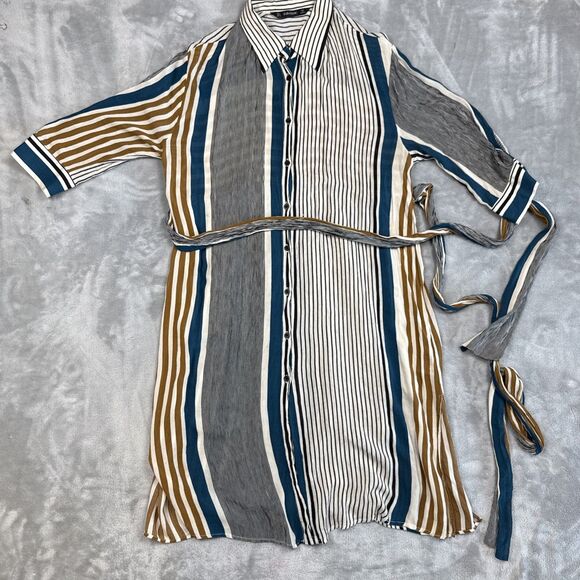 Zara Women’s L Multicolor Striped Satin Wrap Dress Long Sleeve Side Tie - Picture 1 of 9